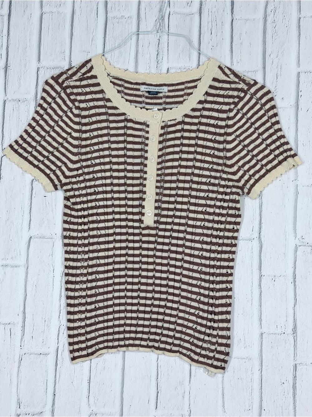 🤎 American Eagle Pointelle Striped Knit Henley Top Brown Cream M NWT
